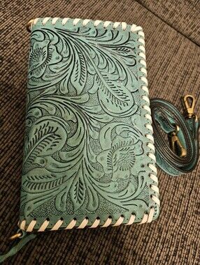 Turquoise Tooled Leather Crossbody Wallet - Women's Wristlet